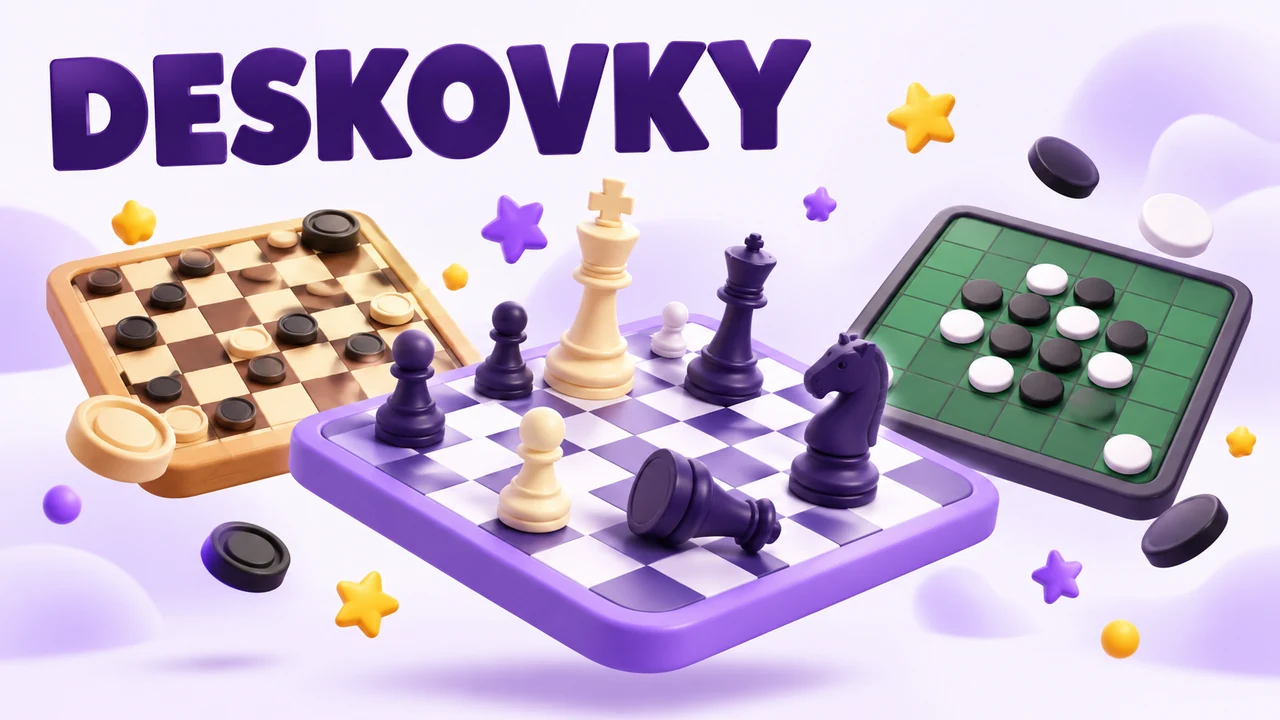Šachovnice s figurkami, deska dámy a reversi v hravém 3D stylu