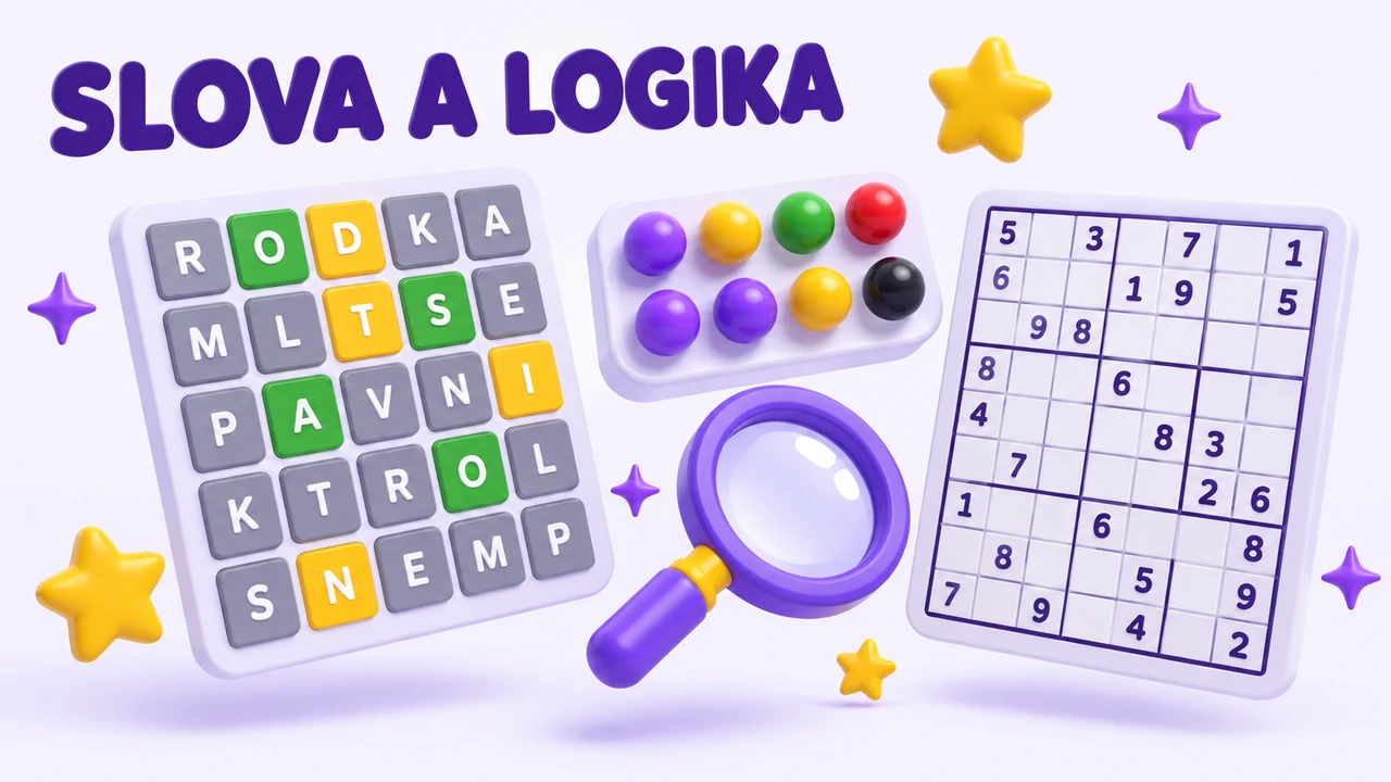 Mřížka s obarvenými písmeny, barevné kolíky Logiku a sudoku