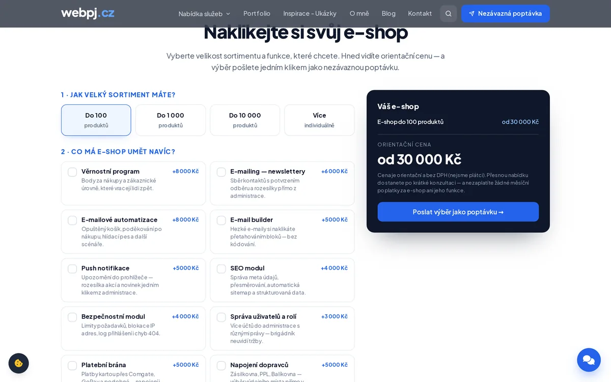 Kalkulačka ceny e-shopu na míru — výběr velikosti sortimentu a modulů s okamžitou orientační cenou