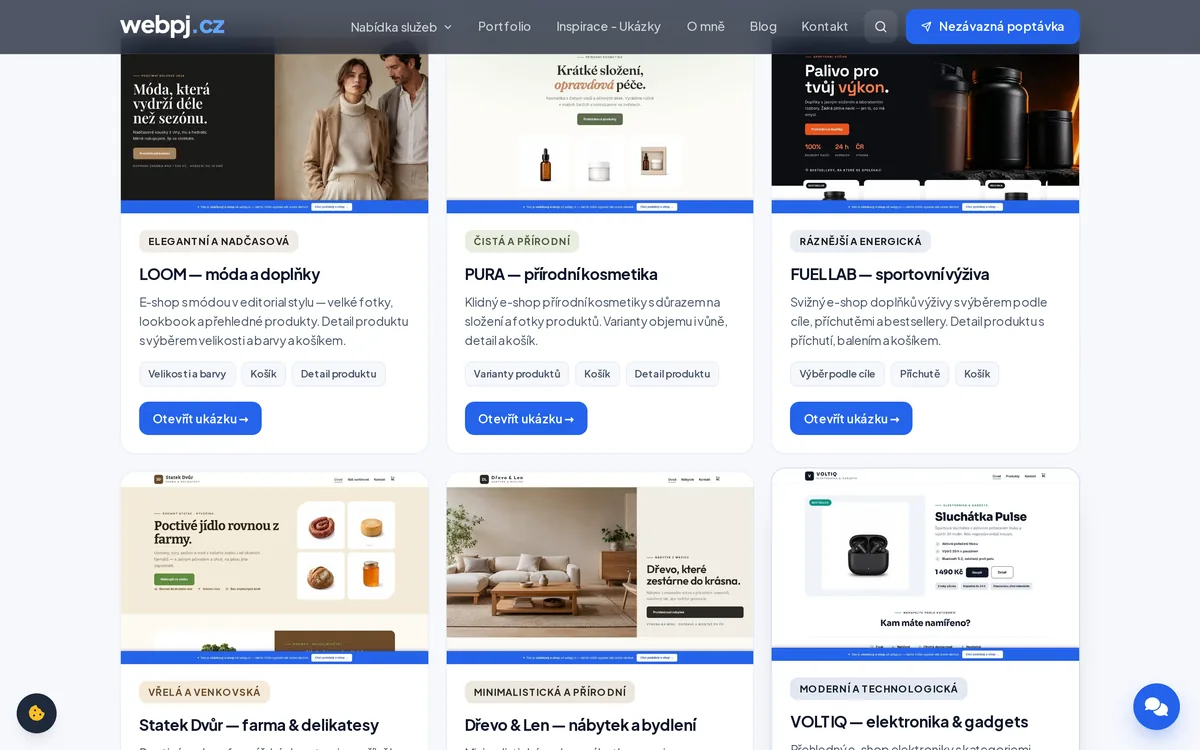 Živé ukázky e-shopů na míru — móda LOOM, kosmetika PURA, výživa FUEL LAB, farma, nábytek a elektronika