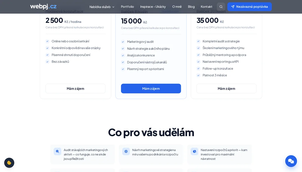 Ceník konzultací online marketingu — hodinová konzultace 2 500 Kč, balíček 8 hodin 15 000 Kč, balíček 20 hodin 35 000 Kč