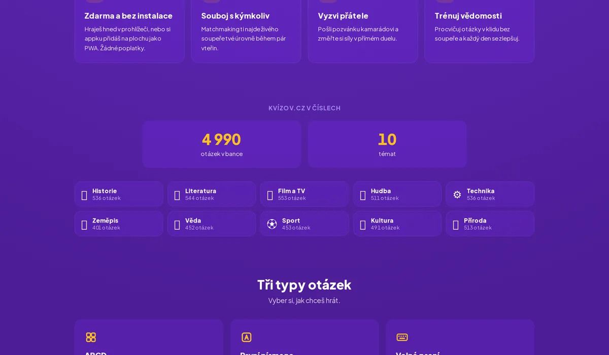 Kvízov.cz v číslech — 4990 otázek v deseti tématech od historie přes film a TV až po přírodu