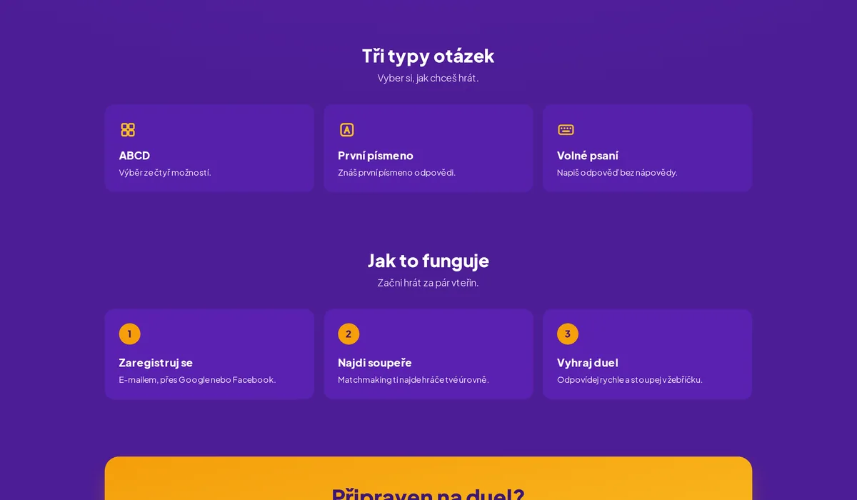 Tři typy otázek na Kvízov.cz — ABCD, první písmeno a volné psaní — a tři kroky, jak začít hrát