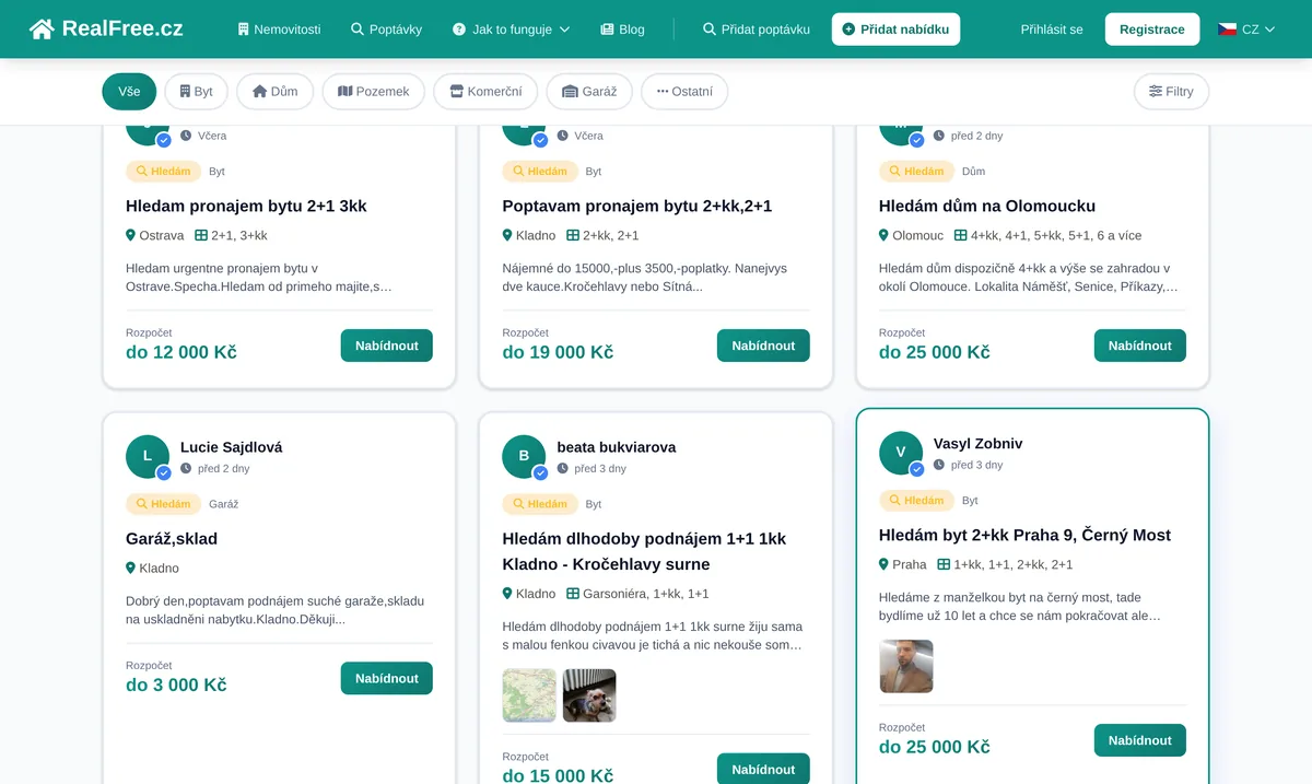 Poptávky nemovitostí na RealFree.cz &mdash; lidé popisují, jakou nemovitost hledají a jaký mají rozpočet