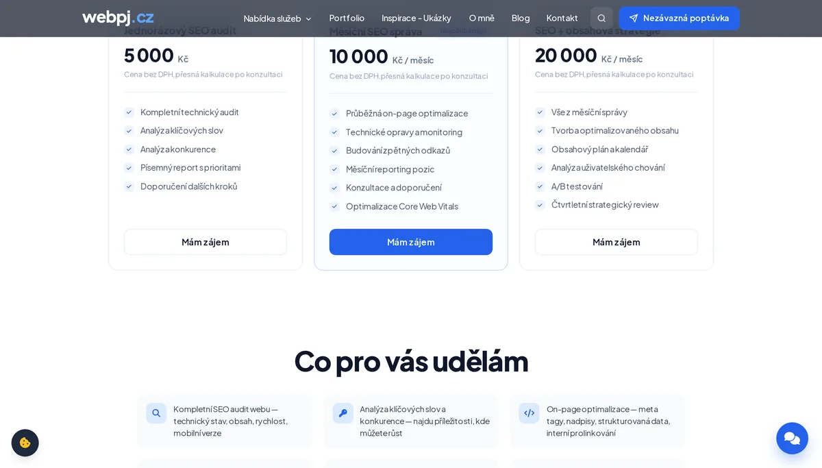 Ceník SEO — jednorázový audit 5 000 Kč, měsíční správa 10 000 Kč, SEO s obsahovou strategií 20 000 Kč
