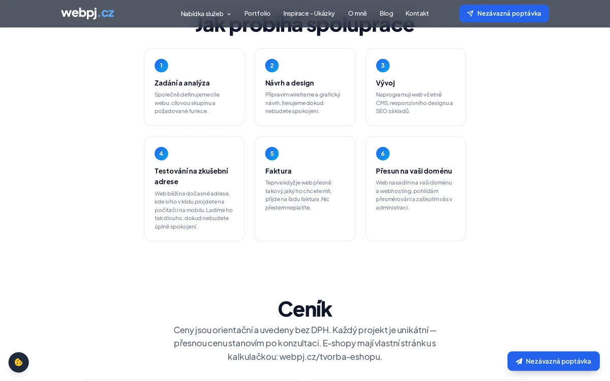 Jak probíhá spolupráce na webpj.cz — šest kroků od zadání přes testování a fakturu až po přesun na vaši doménu