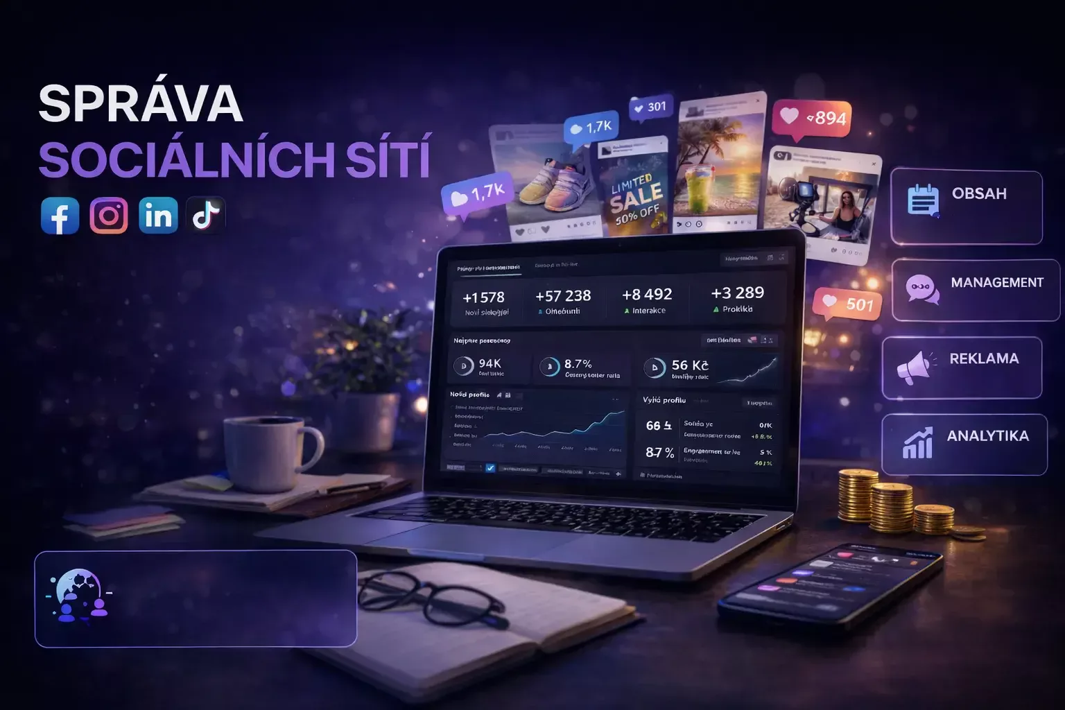 Správa sociálních sítí — Facebook, Instagram, LinkedIn, TikTok